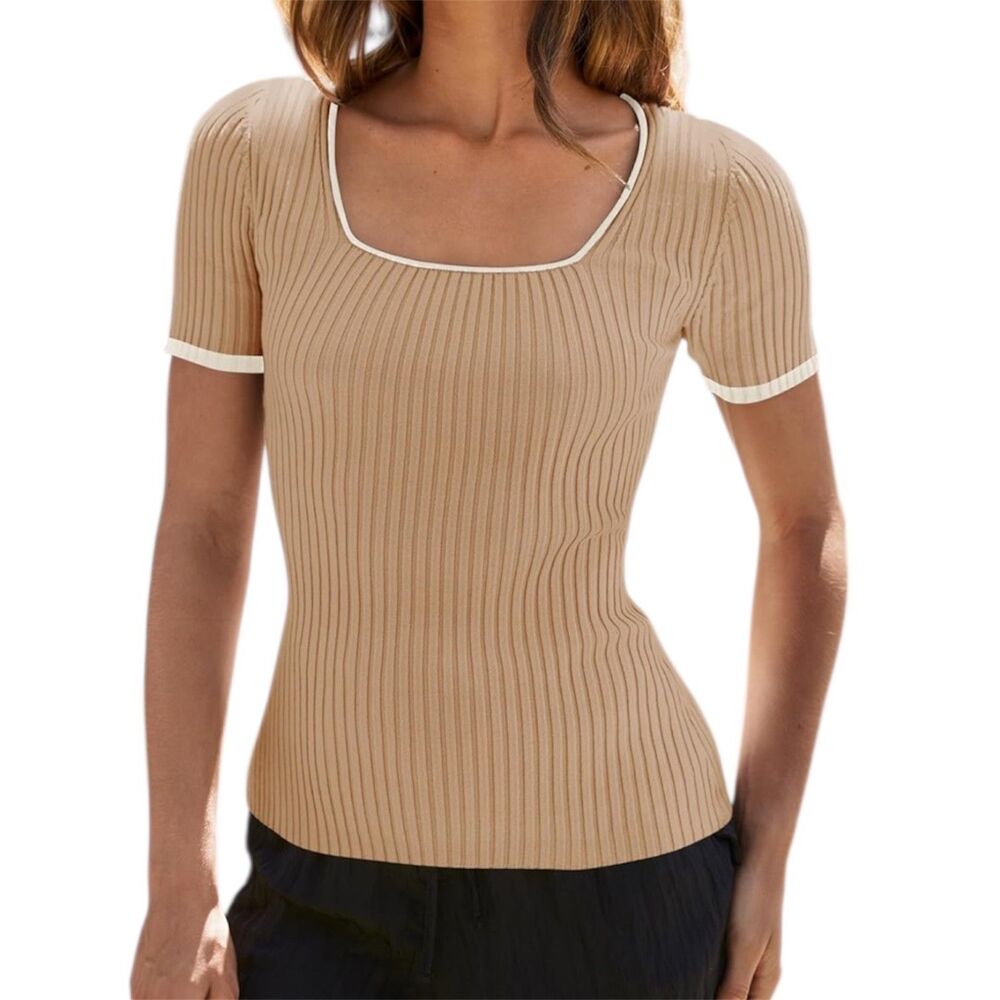 Zesica Rib Knit Sweater Square Neck Top Contrast Trim Tan Beige S